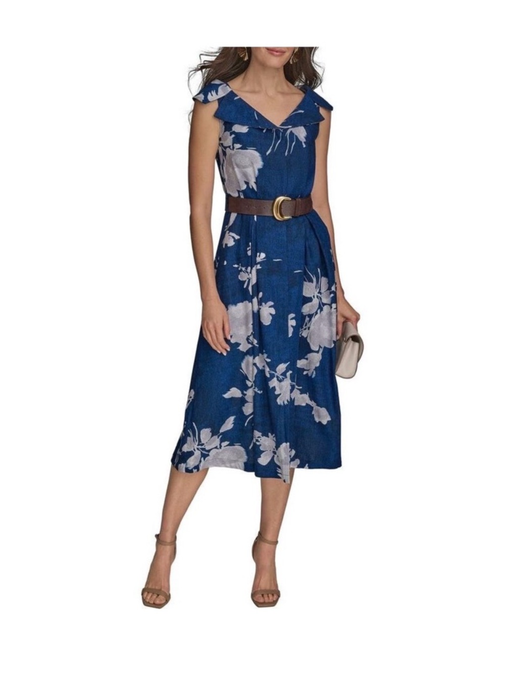 Donna Karan Blue Floral Linen Blend Dress Marbella Womens 8